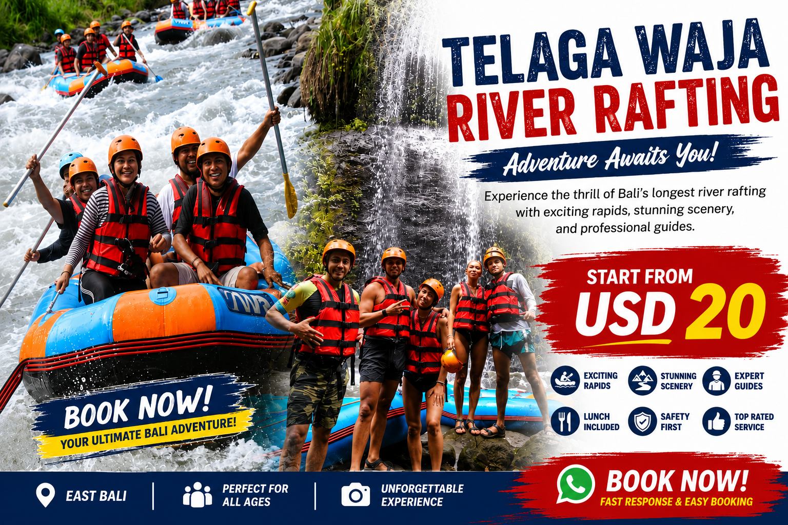 Experience Telaga Waja River Rafting in East Bali with thrilling white water rapids, scenic tropical landscapes, professional rafting guides, and packages starting from USD 20.
